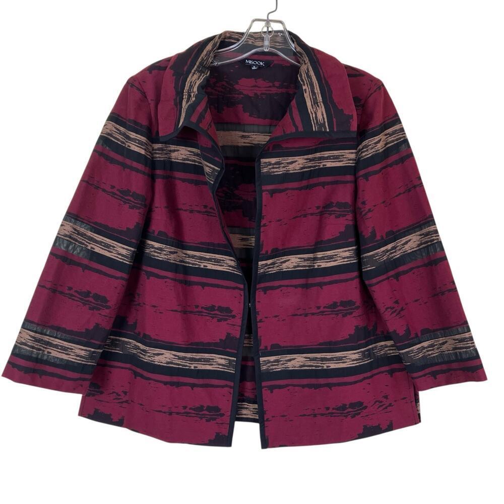 Misook Women's Sz S Sheer Detail Landscape Jacket Blazer Burgundy Black Elegant